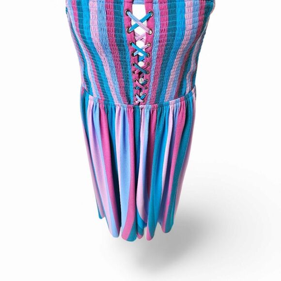 TORRID Plus Size lace-up cool stripe multi-color smocked culotte Jumpsuit - Picture 5 of 16